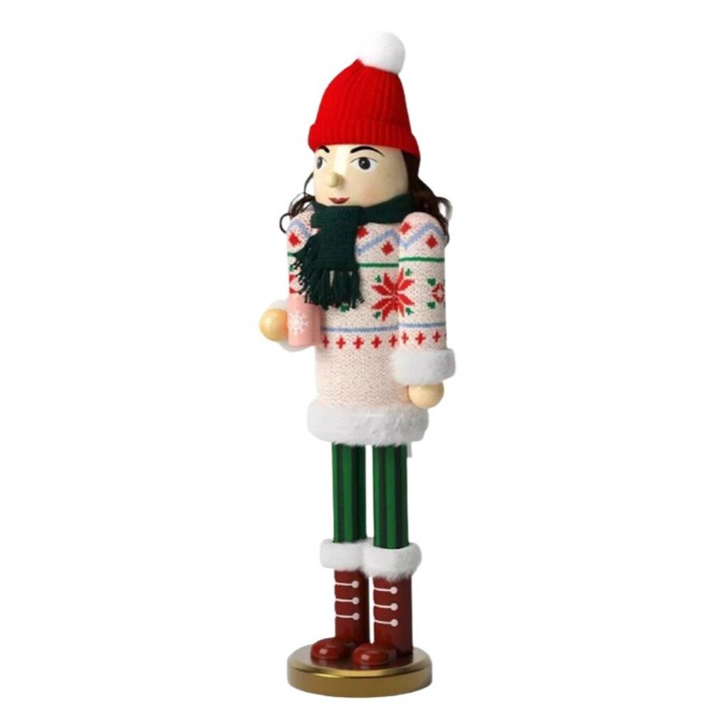Wooden Christmas Nutcracker, 17", WHITE FEMALE IN RED HAT W/COFFEE MUG,Threshold